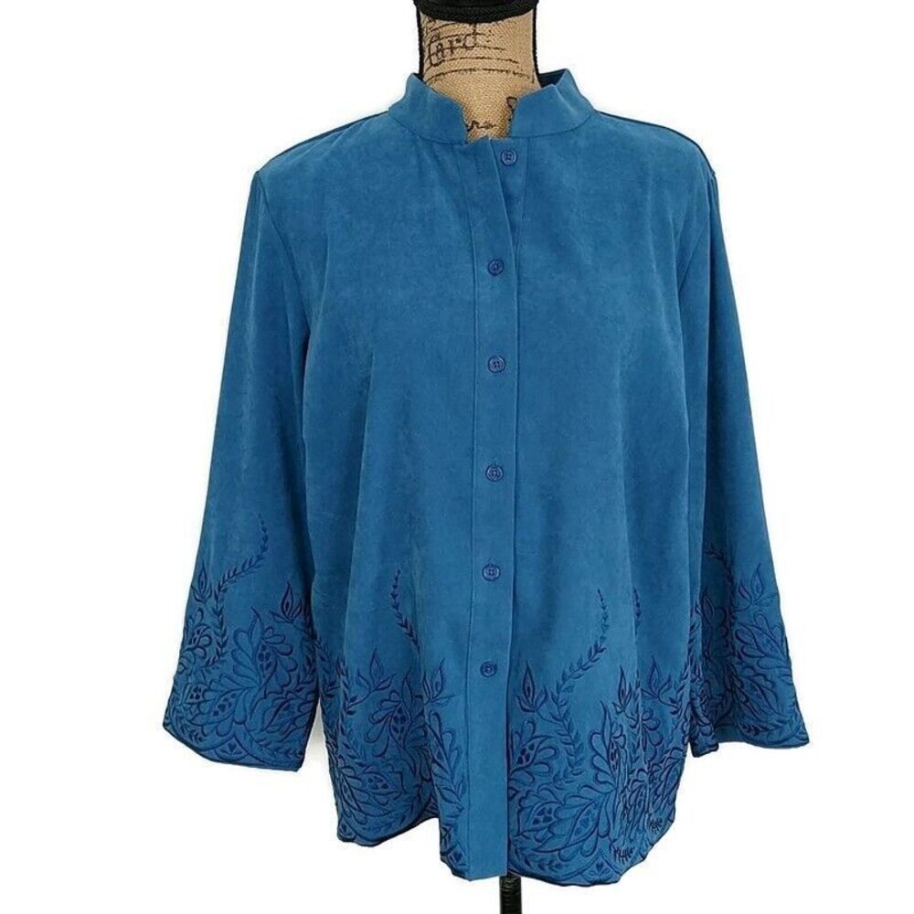 Bob Mackie Womens sz M Top Blue Embroidered Button Front Long Sleeve